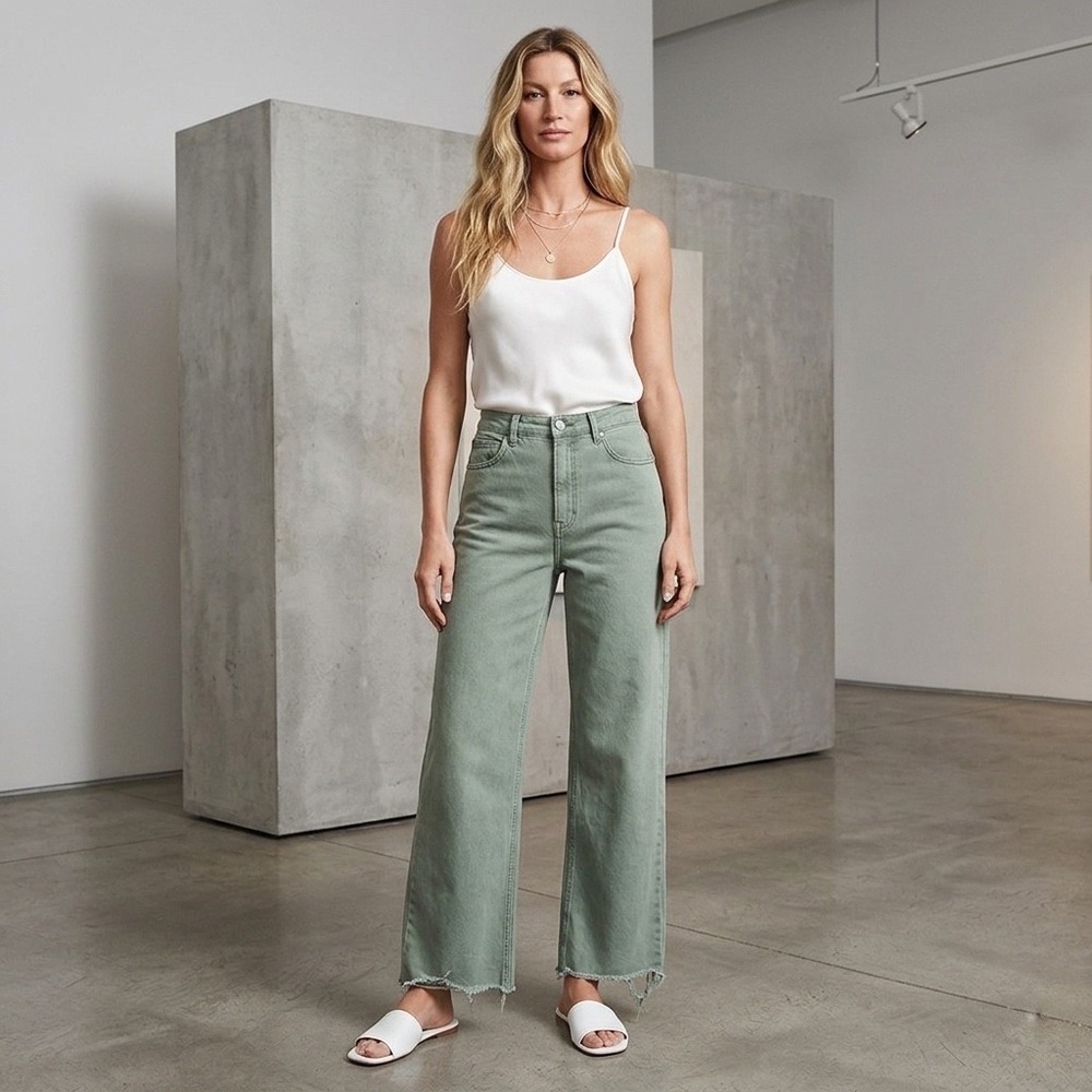 Balam Denim‎ Size 11 Sage Green High Rise Wide Leg Raw Hem Jeans 30x30